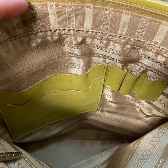 Rochas Paris Two Handle Purse Fabric & Leather 10" Tan / Green Phone Pouch - Picture 13 of 14